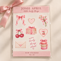JOSIE APRIL Bow Sticker Sheet No. 01 mit rosa Schleifen, Kirschen, Herzen und romantischen Watercolor-Motiven.