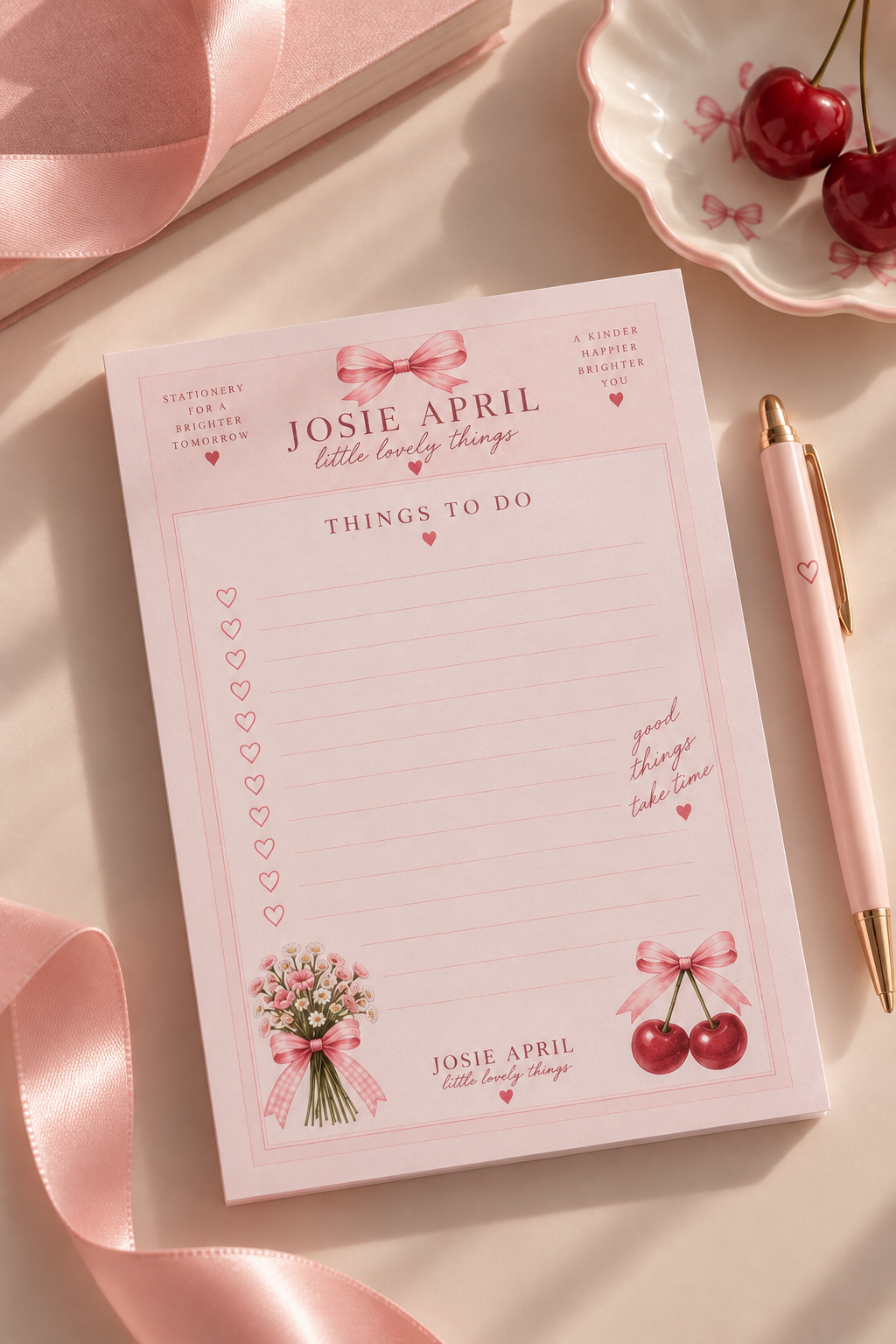 Rosa JOSIE APRIL Things To Do A6 Block mit Kirschen und rosa Kugelschreiber