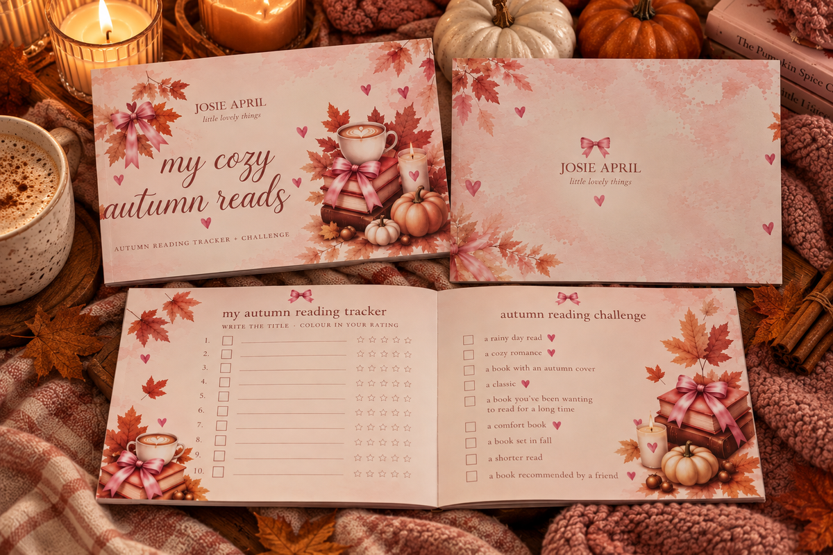 My Cozy Autumn Reads – herbstliche Produktinszenierung mit Kürbissen und Herbstblättern, ohne Blumen