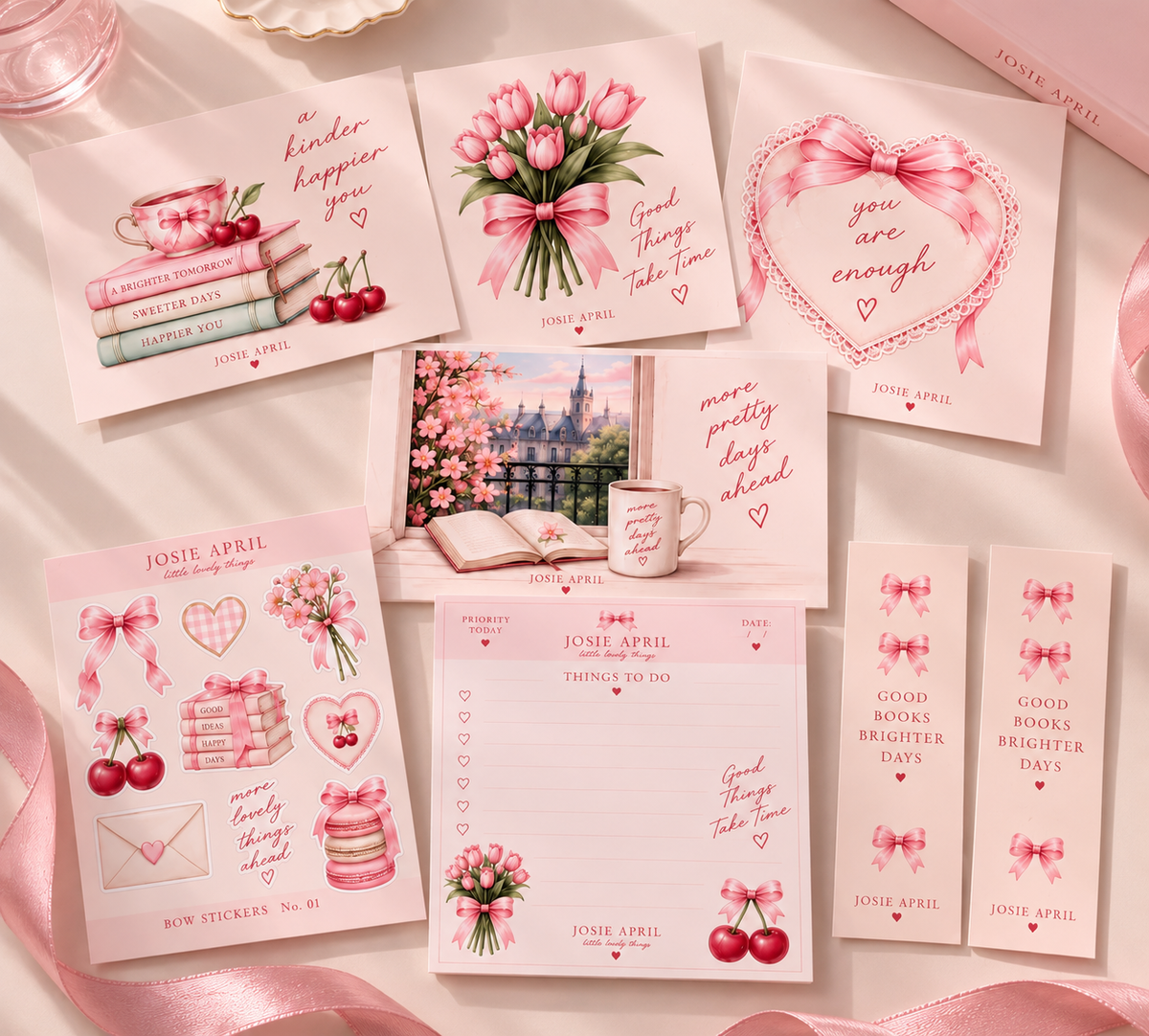 JOSIE APRIL Bow-Paket mit vier Postkarten, zwei gleichen Lesezeichen, To-do-Block und Sticker Sheet